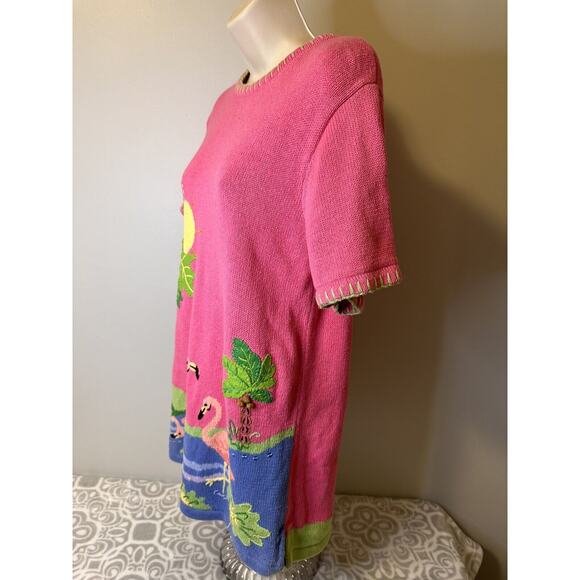 VINTAGE 80s Quacker Factory Sweater Womens Small Pink Flamingos Ramie Cotton - Picture 2 of 12